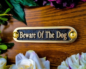 Beware Of The Dog Door Sign By TheMetalFoundry • Brass House Door Sign Plaque • Stylish Information Metal Wall Plaque