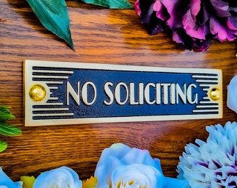 No Soliciting Door Sign By TheMetalFoundry • Brass Or Aluminium House Art Deco Door Plaque • Stylish Information Metal Wall Plaque