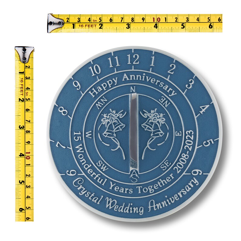 Handmade Crystal (15th) Wedding Anniversary Sundial Gift - 2025 Engraved Blue Aluminum Sundial For Couples, Parents - Made In UK