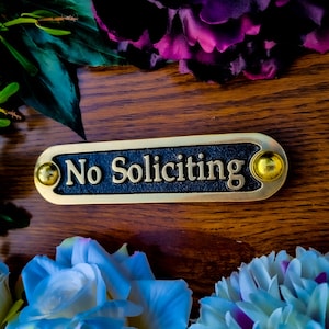 No Soliciting Door Sign By TheMetalFoundry • Brass House Door Sign Plaque • Stylish Information Metal Wall Plaque