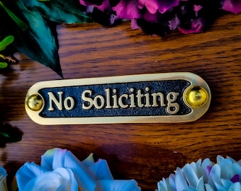 No Soliciting Door Sign By TheMetalFoundry • Brass House Door Sign Plaque • Stylish Information Metal Wall Plaque