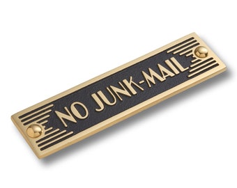 Art Deco No Junk Mail Sign. Unique Handmade Metal Sign in Brass Or Aluminium for Home or Office Decor