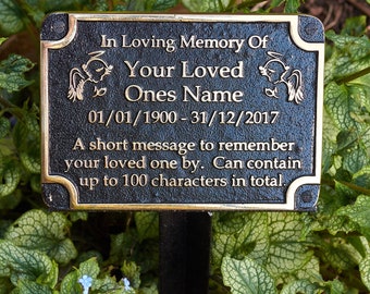 Personalised Memorial Brass Plaque For Memory Of A Loved One. Wall Mounted Or Garden Stake Gift Idea In Brass Angels Or Cross