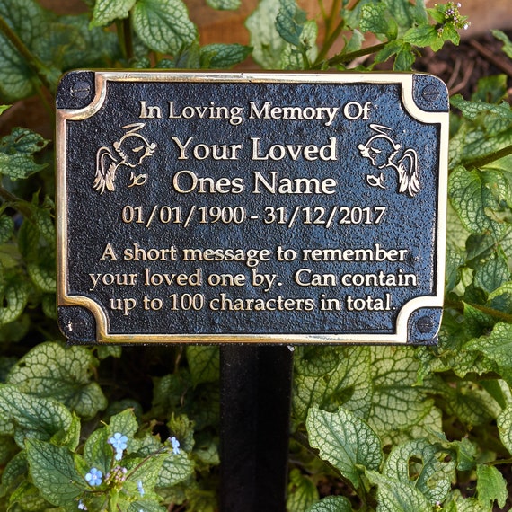 Personalised Memorial Brass Plaque for Memory of A Loved One. Wall Mounted  or Garden Stake Gift Idea in Brass Angels or Cross 