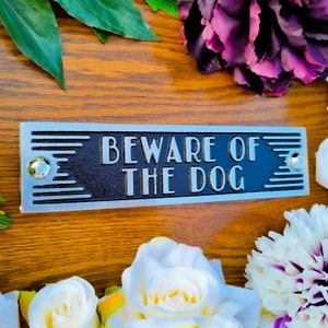 Beware Of The Dog Door Sign By TheMetalFoundry • Brass Or Aluminium House Art Deco Door Plaque • Stylish Information Metal Wall Plaque