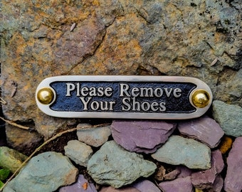 Please Remove Your Shoes Door Sign By TheMetalFoundry • Brass House Door Sign Plaque • Stylish Information Metal Wall Plaque