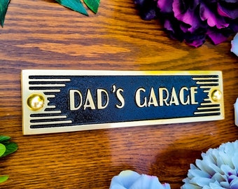 Dad’s Garage Door Sign By TheMetalFoundry • Brass Or Aluminium House Art Deco Door Plaque • Stylish Information Metal Wall Plaque