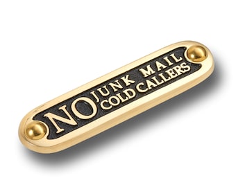 Unique Handmade 'No Junk Mail/ Cold Callers' Brass Metal Wall Sign / Great Housewarming Gift For Home Or Office Decor