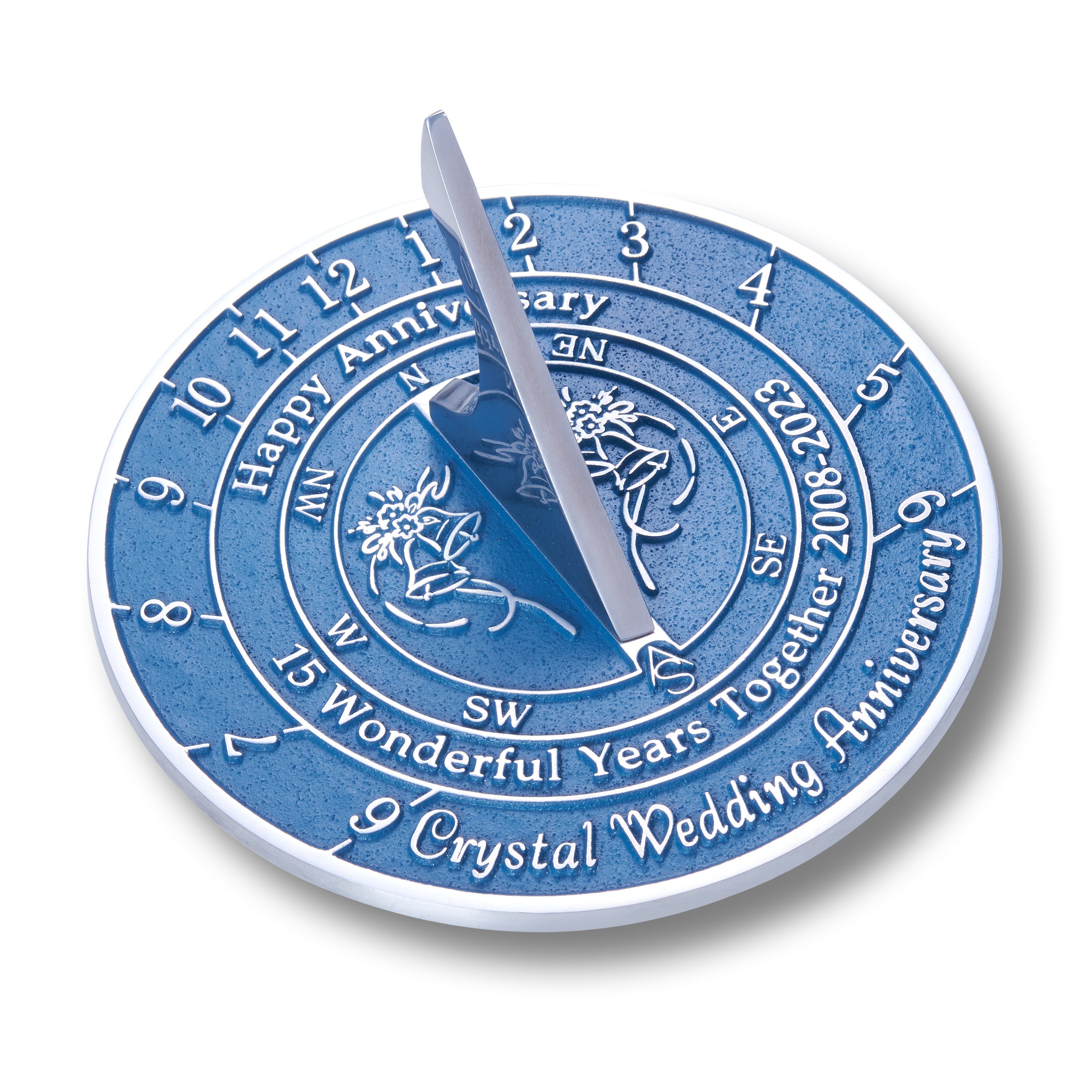 Handmade Crystal (15th) Wedding Anniversary Sundial Gift - 2025 Engraved Blue Aluminum Sundial For Couples, Parents - Made In UK