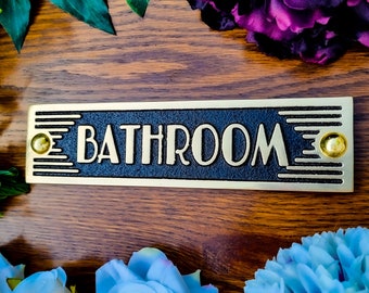 Bathroom Door Sign By TheMetalFoundry • Brass Or Aluminium House Art Deco Door Plaque • Stylish Information Metal Wall Plaque