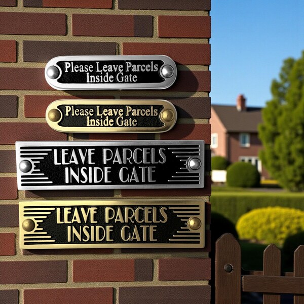 Unique Handmade 'Please Leave Parcels Inside Gate' Brass Metal Wall Sign / Great Housewarming Gift For Home Or Office Decor