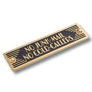 Art Deco No Junk Mail No Kalte Anrufer Zeichen. Einzigartiges handgemachtes Metallschild aus Messing oder Aluminium für Haus oder Büro Dekor