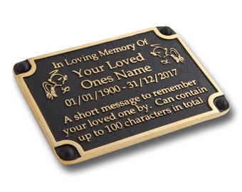 Personalised Memorial Brass Plaque For Memory Of A Loved One. Wall Mounted Or Garden Stake Gift Idea In Brass Angels Or Cross