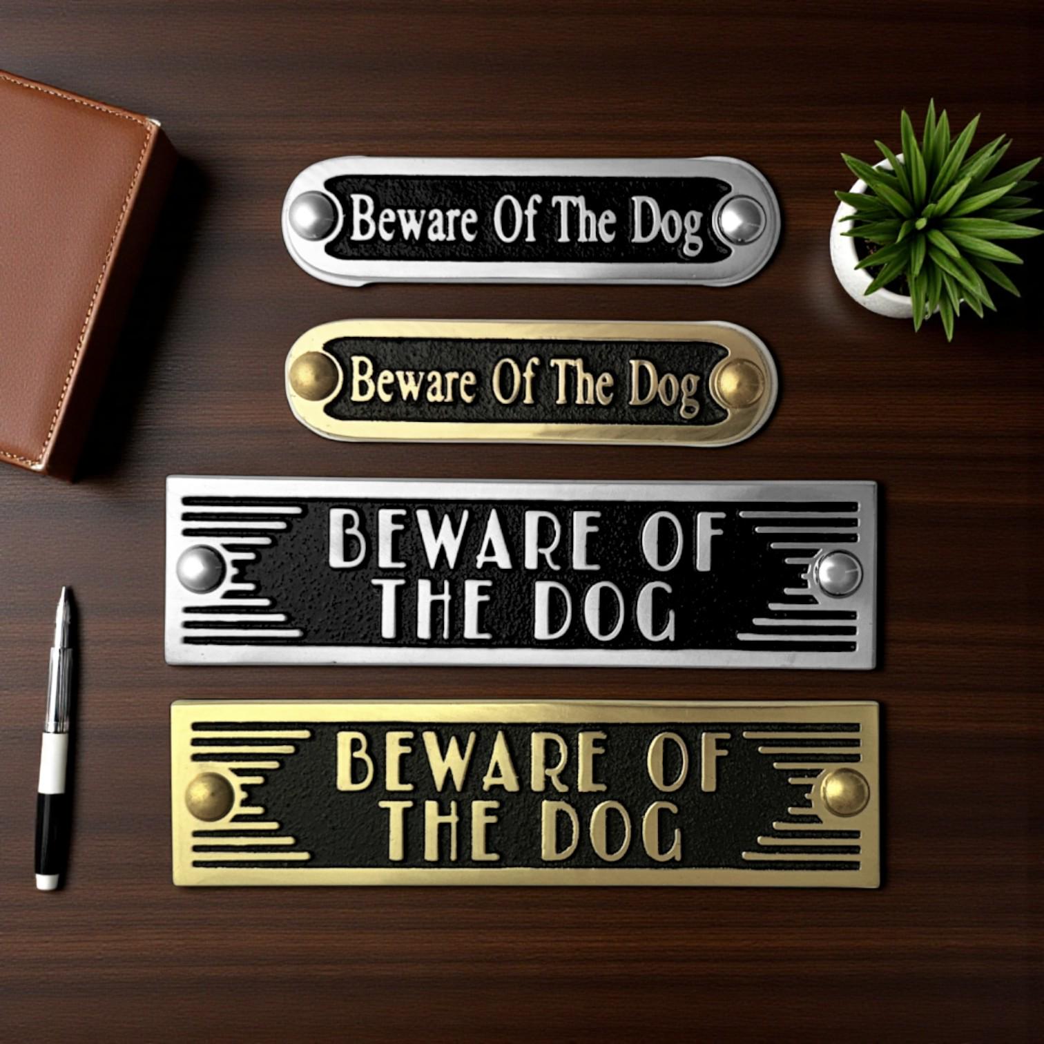 Solid Brass 'Beware Of The Dog' Sign – Embossed Letters, 7-5/8 Inch, Includes Screws