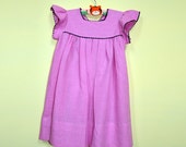 Dark Pink Girls Handkerchief Linen Dress with Navy Blue Rickrack Detailing