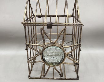 Vintage Celestial Sun Face Birdcage Candle Lantern - Rustic Bronze Metal
