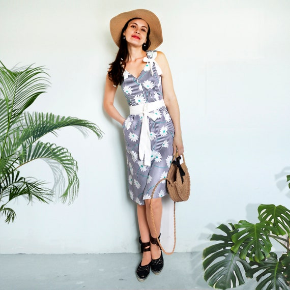 black and white striped dress with flowers