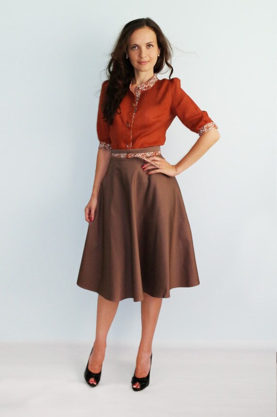 Linen Blouse 3/4 Sleeves. Retro Suit. Brown Skirt Flower Print | Etsy