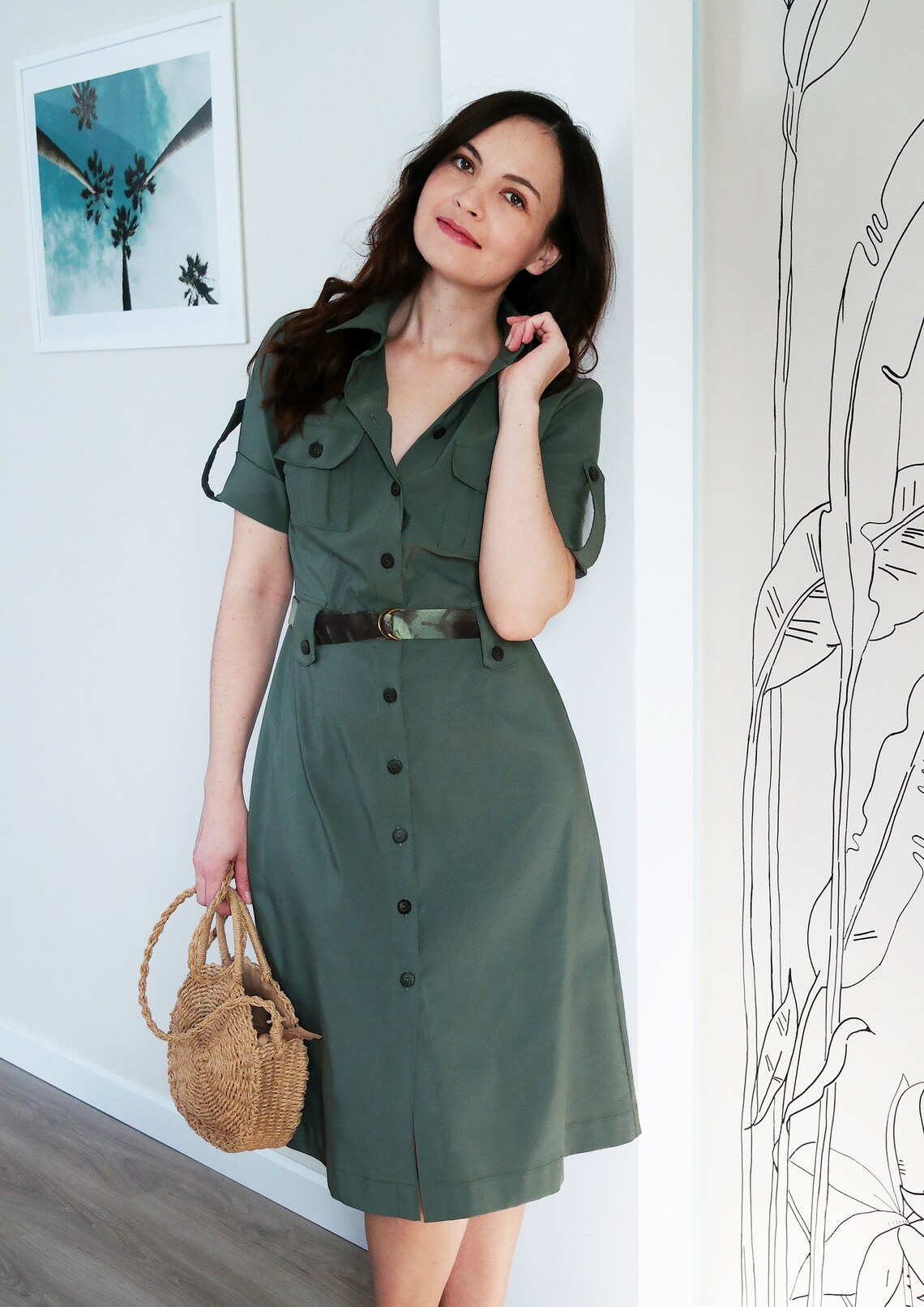Khaki dress Safari green dress Cotton dress with short sleeves | Etsy