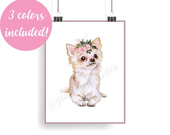 Watercolor Chihuahua with flowers for nursery art