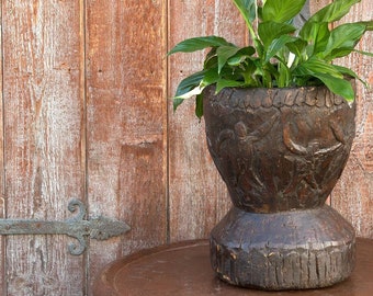 Rustic Naga Carved Mortar planter,African Wooden Planter,Tribal Rustic Planter,Boho Wooden Planter,Indian Hand CarvedPot,Indoorgardenplanter