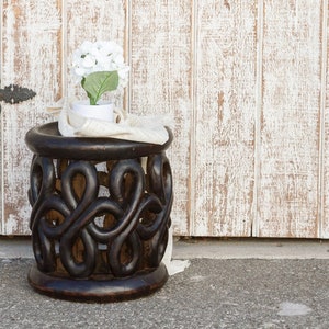 Unique Figural Carved Bamileke Stool, African handmade Small Table, Tribal round end Table, Tribal African Table, Brown Wood African stool