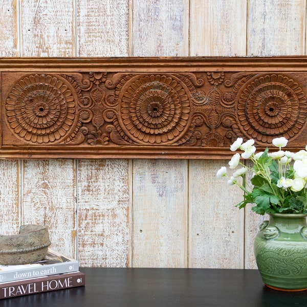 Antique Indian Carved Lintel Panel, Rustic Carved Wood wall art, Architectural Carving, ,Antique Temple Door Lintel, Carved door headboard