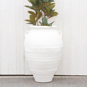 Large White Terracotta Planter: Engraved Mediterranean Garden Pot