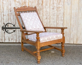 Antique Teak Plantation Chair with block print linen upholstery, Indian Plantation Lounge Chair, Antique Club Chair, Antique Colonial chair