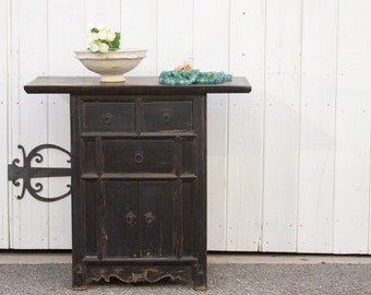 Antique Chinese Qing Style Money Dresser, Small Chinese Dresser, Antique Elm Dresser, Painted Black Chinese Dresser, Antique Chinese Dresser