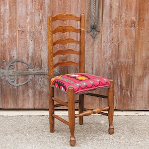 19th Century English Ladderback Suzani Chair, 50% off ! Free Shipping ! Antique country Chair, English Antique Chair, Rustic Bohemian Chair