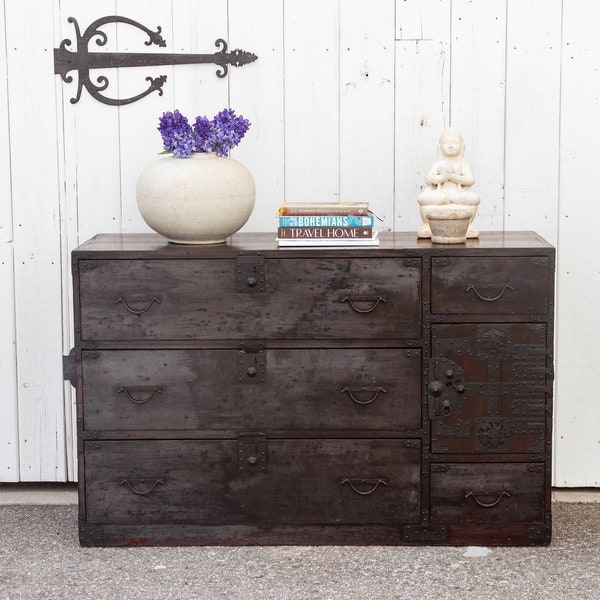 Antique Black Japanese Tansu Dresser, Antique Wood & Metal Tansu Dresser, Rustic Black Dresser, Asian Antique Tansu,Antique Chest of drawers