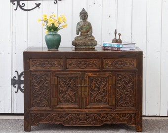 Antique Carved Chinese Buffet, Asian Carved Cabinet, Old Chinese Cabinet, Antique Asian Buffet Cabinet, Antique Buffet Cabinet,Media cabinet