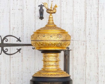 Tall Gilded Vessel on Black Lacquered Stand,Gild Painted Vessel,Temple Vessel,Vintage Offerings Vessel,paintedContainer,Burmesegoldcarvedbox