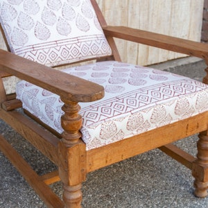 Antique Teak Plantation Chair with block print linen upholstery, Indian Plantation Lounge Chair, Antique Club Chair, Antique Colonial chair image 8