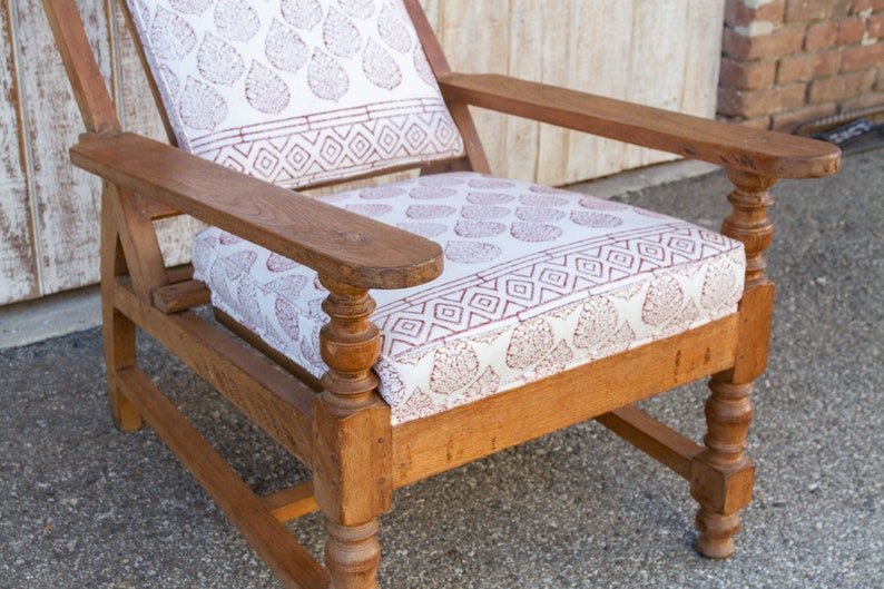 Antique Teak Plantation Chair with block print linen upholstery, Indian Plantation Lounge Chair, Antique Club Chair, Antique Colonial chair image 8