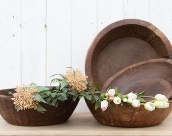 Antique French Rustic Basin Bowl, Antique Brown Teak French Bowl, Oversized French Antique Bowl, Rustic Wood Bowl, Large Rustic Wood Bowl