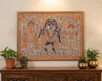 Vintage Framed Madhubani Painting: Indian Folk Art Wall Decor