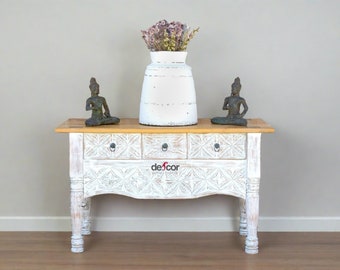 Whitewash Spanish Colonial Console Table: Reclaimed Wood, 3 Drawers