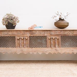 Long Imposing Architectural Console Table With Metal Grille, Free Shipping! Rustic industrial console, Antique Oversized hallway console