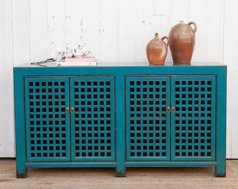 Long Painted Blue Lattice Sideboard, Painted Wood Sideboard, Long Blue Buffet, Storage Console with Lattice Doors, Blue Media Cabinet