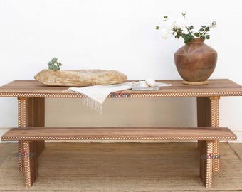 Teak Dining Table: 96" Mother of Pearl Inlay, Rustic Modern Dining