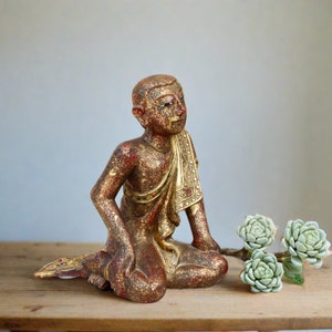 Sariputra Buddhist Statue,Burmese Vintage Gilt  Statue, Monk Statue,Buddhist Monk Statue,Gold gilt carved buddha,Thai painted wooden buddha