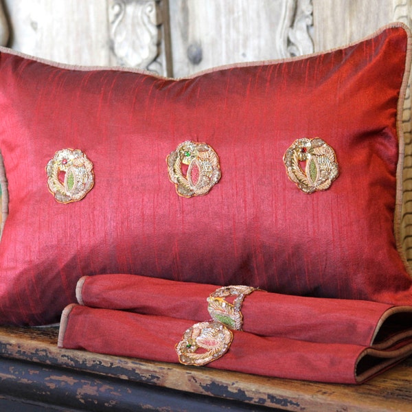 Clearance Final Sale- Red Sage Peacock Pillow cover, Indian Silk Pillow Cover, Boho Lumbar Pillow Cover, Indian Silk embroidered pillow