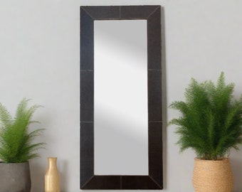 Tall Thai Embossed Leather Mirror, Leather Floor Mirror, Full size Leather Mirror, Large leather Mirror, Tall Thai Mirror, Brown Slim Mirror