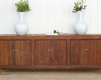 Long Patinated Walnut Country Sideboard, Patinated Walnut Credenza,Vintage Walnut Buffet,Long Handcrafted Walnut Cabinet,Asian Walnut Server