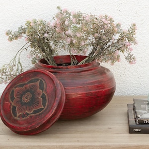 Antique Red Floral Burmese Vessel, Burmese Decorative Vase,Red Lacquer Antique Lidded Bowl, Ornate Burmese Vessel,Burmese Antique Home Decor