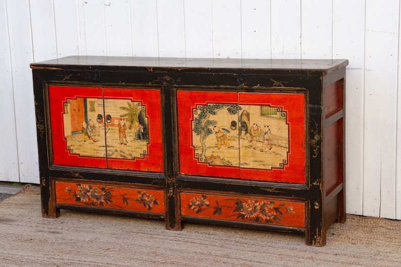 Red & Black Mongolian Sideboard Cabinet, Scenic Storage Cabinet, Red and Black Cabinet,Distressed Finish Cabinet,Handcrafted Storage Cabinet image 7