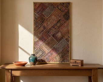Vintage Framed Patchwork Tapestry: Bohemian Textile Wall Hanging