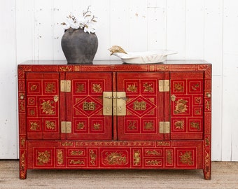 Mid-Century Bridal Red Painted Credenza, Vintage Painted Storage Sideboard, Painted Vintage Buffet Cabinet, Hand-Painted Mid-Century Cabinet